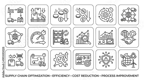 Flat lay of various business icons related to supply chain optimization, efficiency, cost reduction, and process improvement on a white background with a minimalist style and a professional