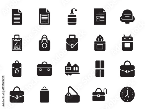 A collection of various black briefcases and bags icons