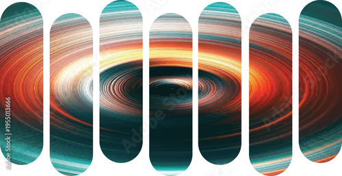 Skateboard deck set with abstract swirling light design.