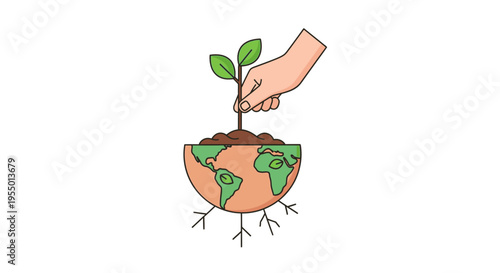Hand Planting Small Green Earth Globe.