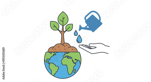 Hand watering a small green plant.