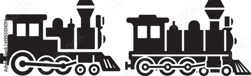 Black Icons of Steam Locomotives, Vintage Trains for Transportation and Industrial Revolution Themes - Vector Set, Steam Locomotive