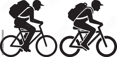 Black Silhouette Icons of Cyclists with Backpacks, Athletes on Bicycles - Active Lifestyle and Outdoor Adventure, White Background