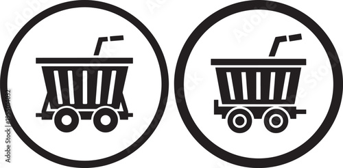 Icons of Mining Carts in Circles, Industrial Vehicles for Ore Transportation and Heavy Industry - Black and White Vector, Mining Cart