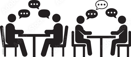 Business Meeting Icons: Silhouettes of People Discussing at Table with Speech Bubbles - Communication and Collaboration with Speech Bubble