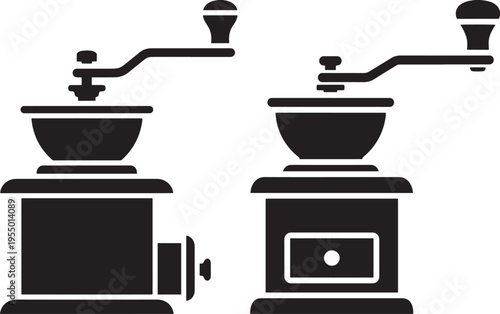 Two vintage manual coffee grinder icons, retro coffee mill silhouette, kitchen appliance graphic for beverage preparation and barista themes, Black And White
