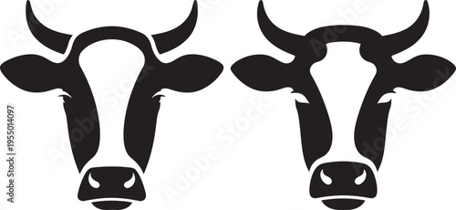 Black and white vector icons of two cow heads, dairy cattle symbol, farm animal graphic illustration for agriculture and food themes, Domestic Animal
