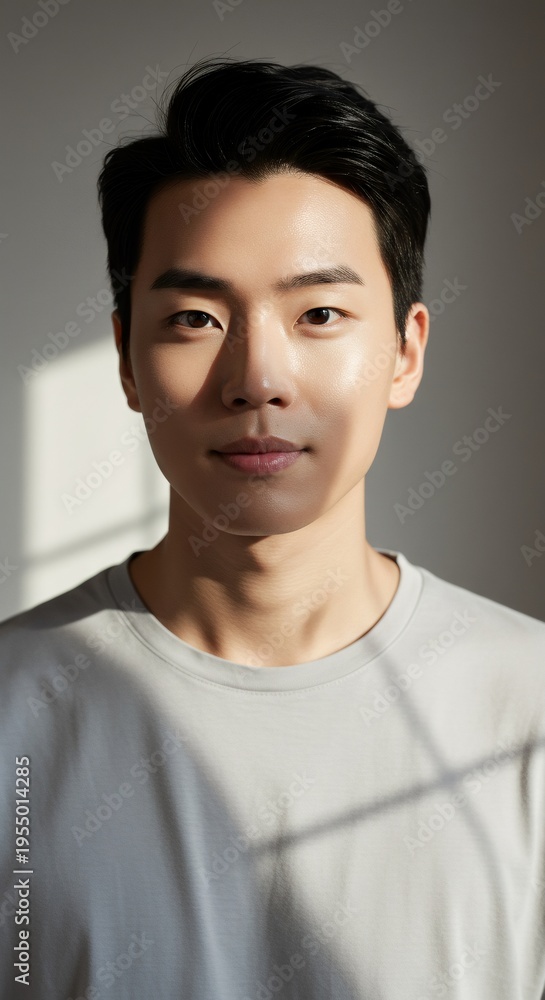 Fototapeta premium Korean man with healthy glowing skin looking at camera. Portrait of young asian guy representing natural self care. Beauty and wellness concept for eco cosmetic and facial skincare routine.