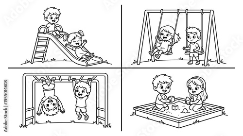 Kids playing at playground activities set coloring page vector art