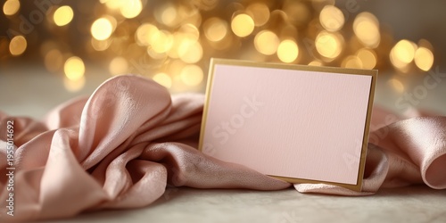 Blank card resting on a soft pink silk ribbon. Background is luminous gold bokeh 