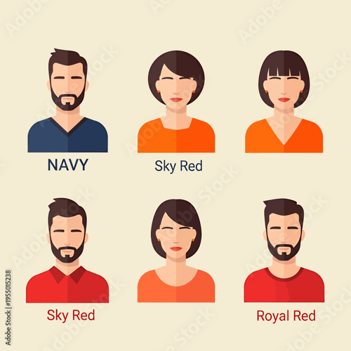 Flat Vector Illustration of Diverse People with Color Swatches Navy Sky Red Royal Red Modern Graphic Design Characters