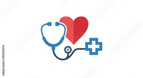Medical stethoscope and red heart symbol.