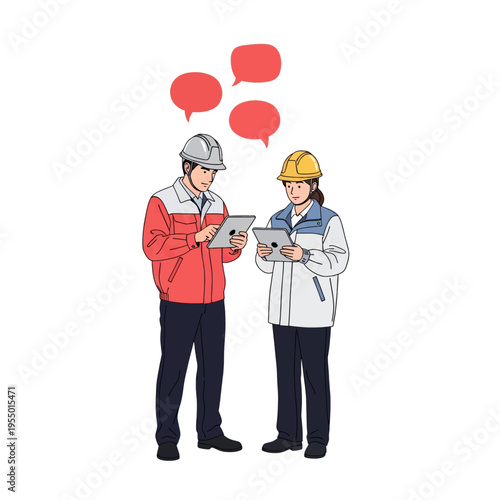 Construction Workers Reviewing Tablet Data on Site - Engineering Team Collaboration and Project Management Illustration