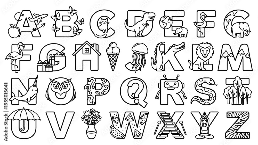 Fototapeta premium Alphabet with animals and objects vector illustration for kids coloring book