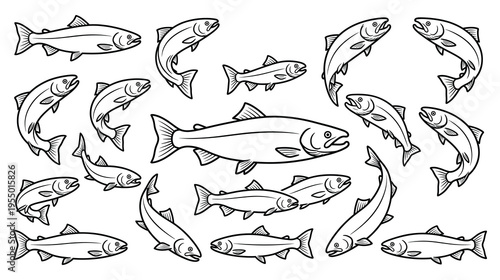 Salmon fish jumping and swimming collection line art vector graphics