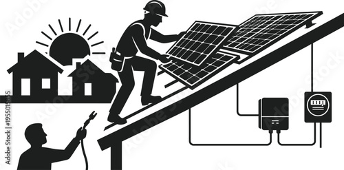 Solar Panel Installation on Rooftop Professional Renewable Energy Silhouette