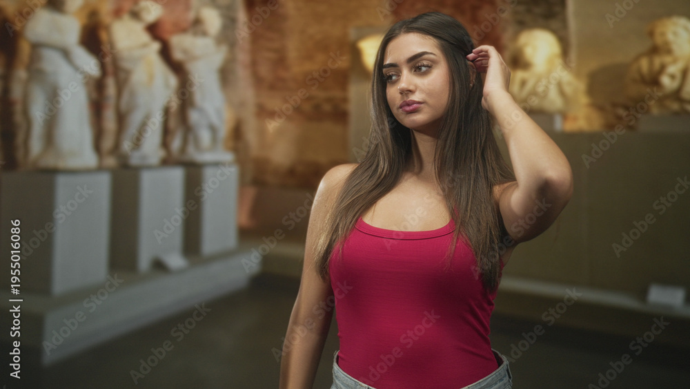 Fototapeta premium Woman in red tank top touches hair in museum gallery amid classical statues and pedestals; contemplative quiet moment.