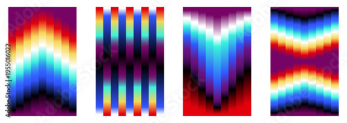 Set of vector abstract geometric background set with vibrant glitch gradients and wave patterns. Textures with distorted spectral lines, retro-futuristic synthwave aesthetic