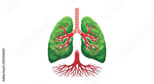 An illustration of human lungs with green and red details on a white background
