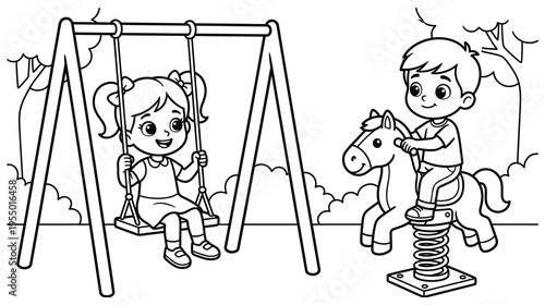 Kids playing at playground girl on swing boy on spring rider