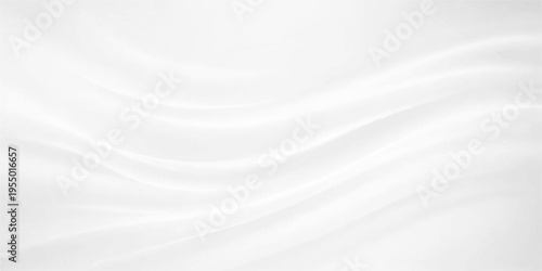 A smooth white silk and satin fabric background featuring a soft grey wave pattern on a light textured textile surface for a blank wallpaper design