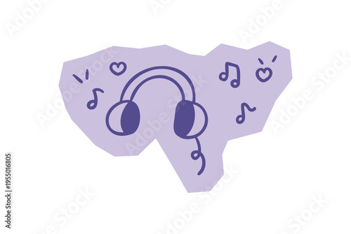 Hand drawn purple headphones with musical notes and hearts for scrapbook and journal. Vector illustration design.