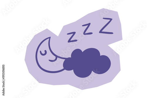Crescent moon character with closed eyes and smiling face sleeping behind a cloud with zzz symbols representing night and rest for scrapbook and journal. Vector illustration design.