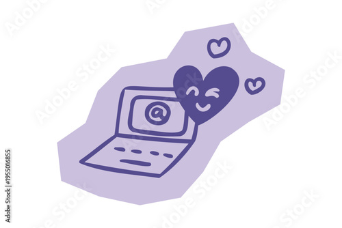 Laptop computer with at symbol and smiling heart character representing online dating and digital communication for scrapbook and journal. Vector illustration design.