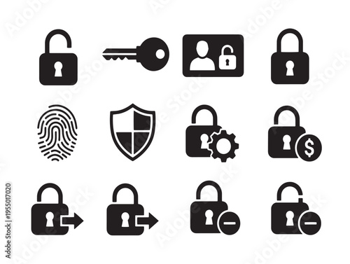 A collection of black security icons on a white background