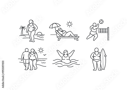 Six thin line icons of plus size people doing beach activities with minimal seaside details and the caption body positive beach.