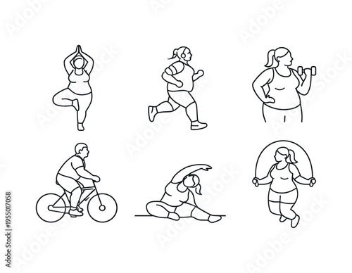 Thin outline icons of plus size women doing yoga, running, cycling, weight training and jump rope with the caption plus size fitness.