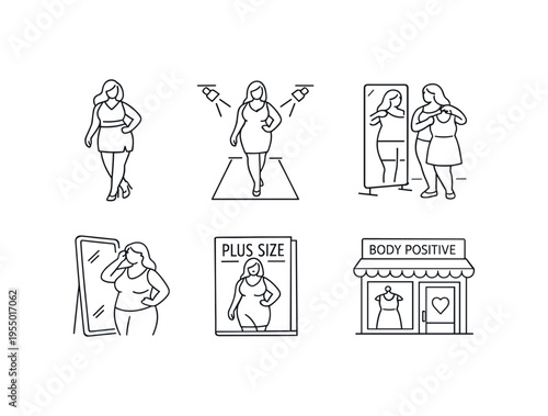 Outline icons of plus size women modeling on a runway, checking outfits in mirrors, and a body positive boutique above the caption body positive fashion.