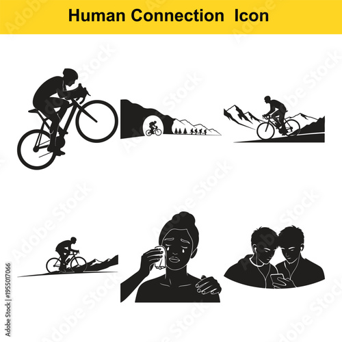 Collection of silhouette icons featuring cyclists in various landscapes and scenes depicting human connection, comfort, and shared experiences.