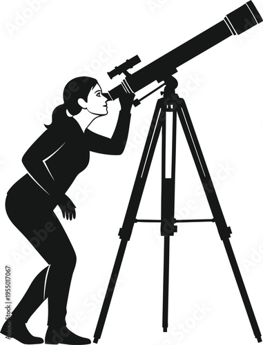 Vector graphic illustration of a woman astronomer looking through a large telescope mounted on a sturdy tripod against a white background.