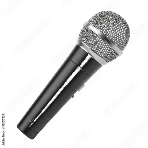 Handheld dynamic microphone with silver mesh grille isolated on a plain white background isolated on a transparent background