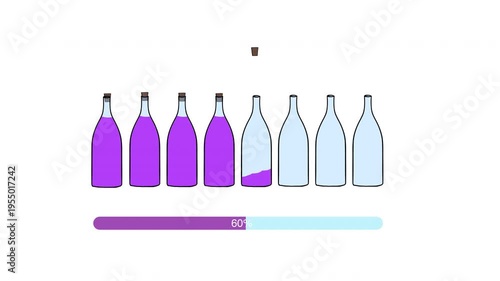 Animation of Serie of bottle loading with wine and close with cork. Loading 2d animation. Loop loading animation. loading text below indicating a loading state, progress animation or a waiting concept