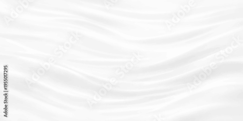 A flowing white silk and satin fabric background features smooth waves and soft ripples that create a light liquid motion design for a textile backdrop