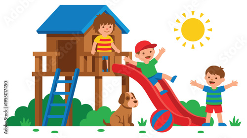 Kids enjoying playground slide and treehouse with pet dog and sunny day