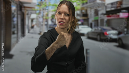 Принти на полотні Woman makes a punching motion with raised fist, scowling and leaning forward on a busy city street lined with parked cars and storefronts; anger defiance confrontation