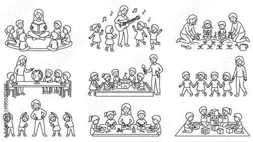 Children learning and playing together in kindergarten classroom activities