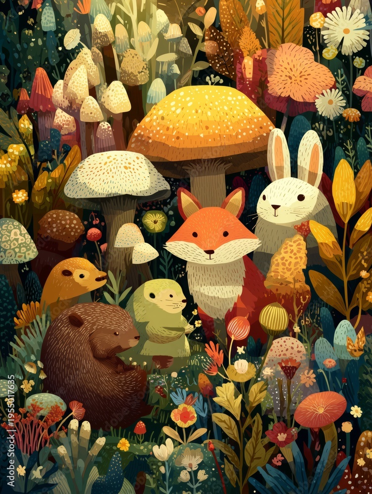 Obraz premium A Forest Scene With Hedgehogs, a Rabbit, and Colorful Mushrooms in a Lively Garden During Daytime