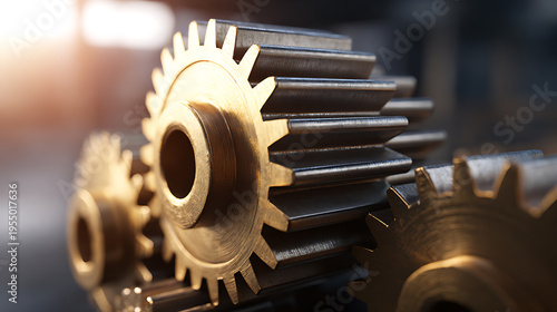 Close-up of industrial metal gears with warm sun flare, symbolizing precision, connection, and mechanical movement in a modern setting