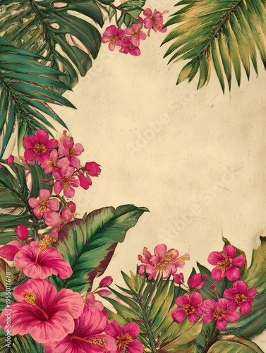 Tropical Flowers and Leaves Frame a Blank Space for Messages or Artwork in a Colorful Design