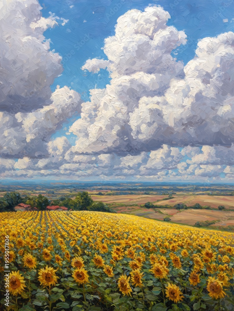 Naklejka premium Sunflowers Bloom Under Blue Skies With Clouds in a Rural Landscape During Daytime