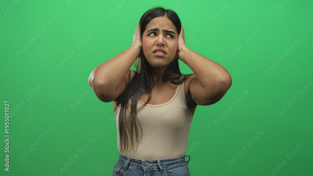 Fototapeta premium Hispanic woman covers ears with hands and grimaces while standing against a studio green screen backdrop; distress sensory overload.