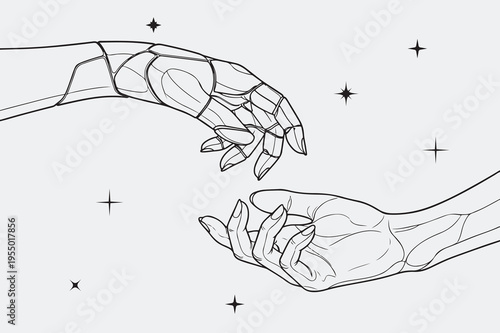 Minimalist linear illustration of human and robotic hands reaching out together in space background