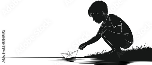Silhouette vector illustration of a small child crouching near water releasing a delicate paper boat toward the horizon line