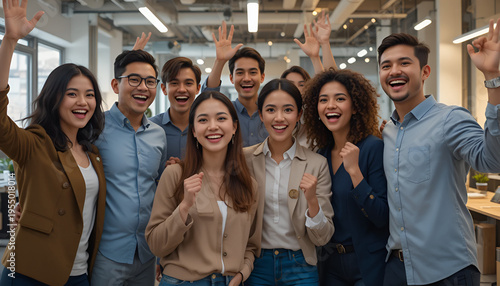 A diverse group of young professionals celebrating success in a modern office space with raised arms and smiles