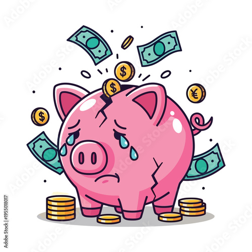 A distressed piggy bank overwhelmed by falling money and coins