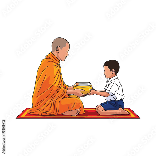 Buddhist monk offering alms bowl to a young boy